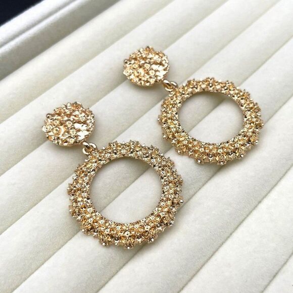 Yellow Gold Double Round Circular Textured Dangling Drop Post Back Earrings - Picture 5 of 10